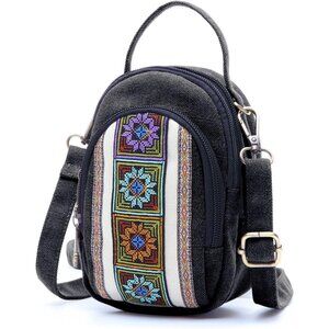 Women's S3 Black Vintage Embroidered Cute Mini Cross Body Bag Small Handbag